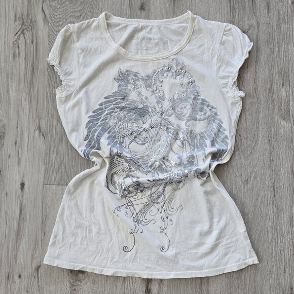 Y2K fairy silver metallic graphic print white tissue t-shirt | WMS M - Picture 1 of 7